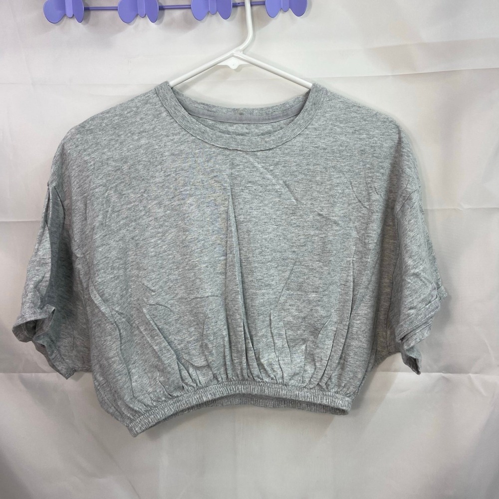 Aerie Offline women's light gray cropped elastic hem Crewcut loose top cotton XS